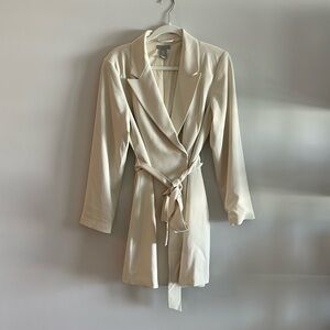 Cream Wrap Blazer Dress with Tie Belt